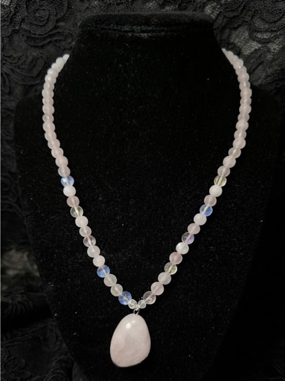 Sweet BubbleGum Love Necklace (Rose Quartz, Clear Quartz& Iridescent Fairy Beads - Picture 3 of 3